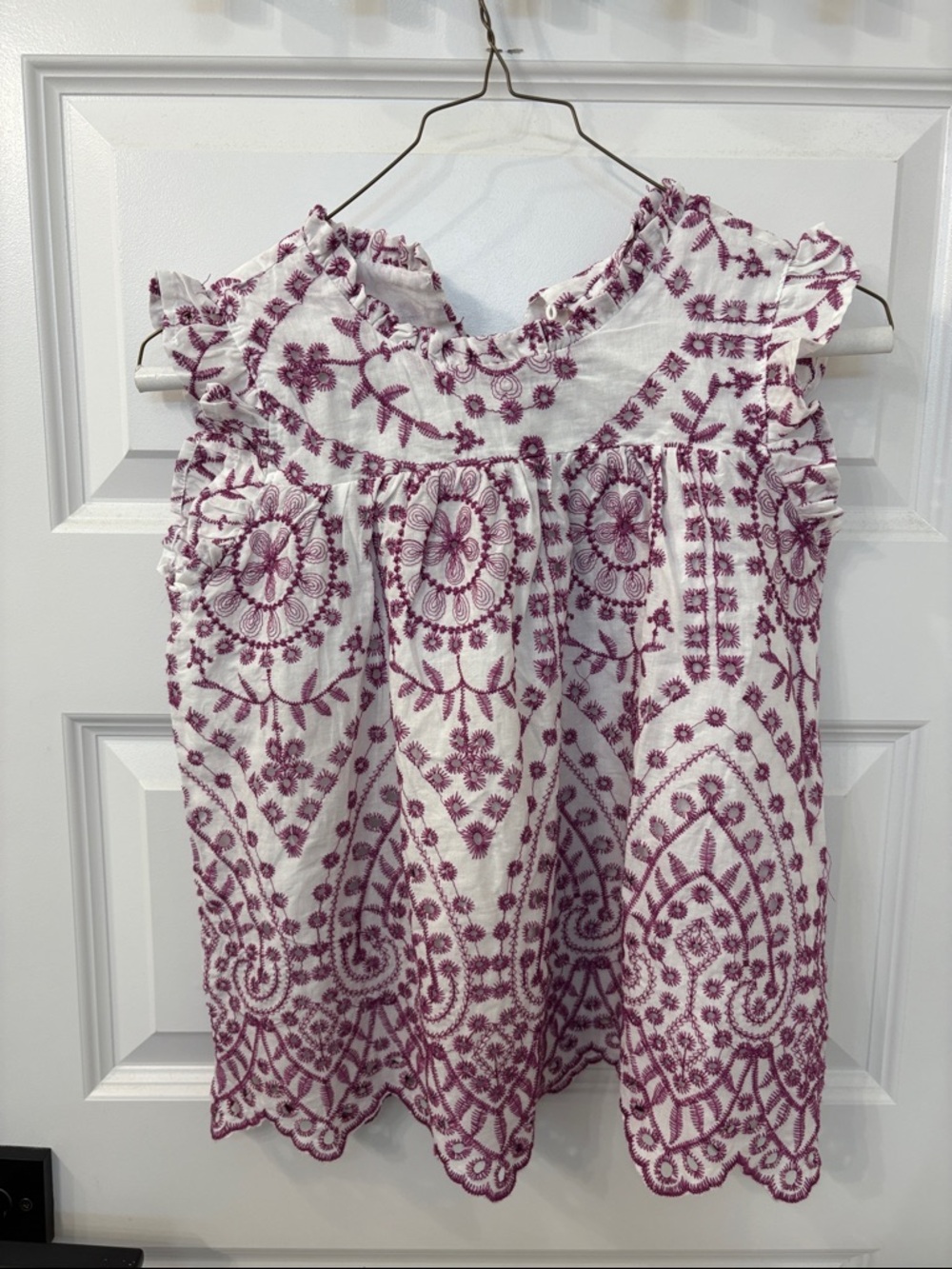 Hayden Girls White and Purple Embroidered Flutter Sleeve Top